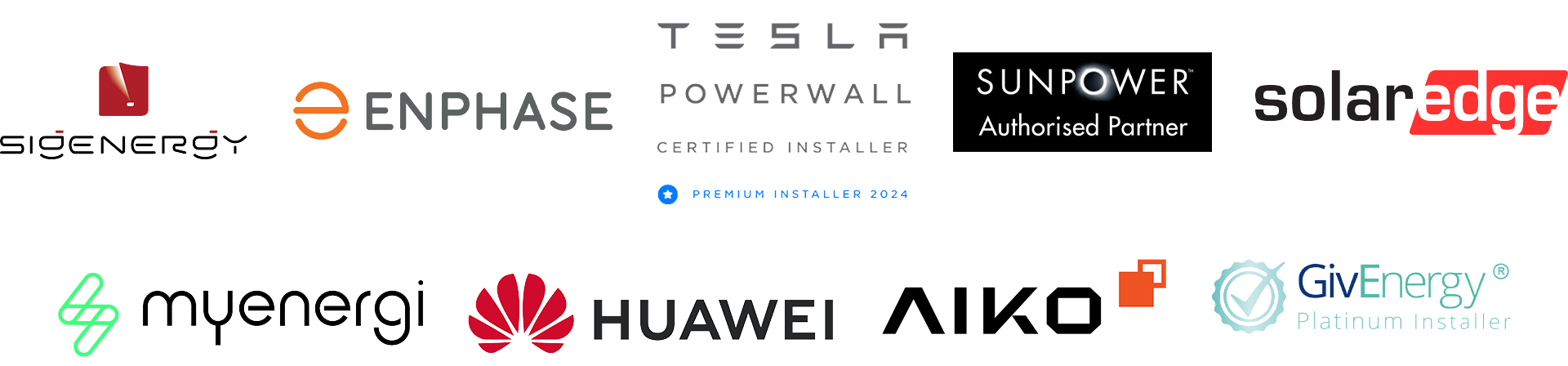 Products-we-work-with-Tesla-Enphase-Sunpower-Aiko-SolarEdge-Huawei-Sigenergy-GivEnergy-myenergi-Spirit-Energy Products-we-work-with-Tesla-Enphase-Sunpower-Aiko-SolarEdge-Huawei-Sigenergy-GivEnergy-myenergi-Spirit-Energy